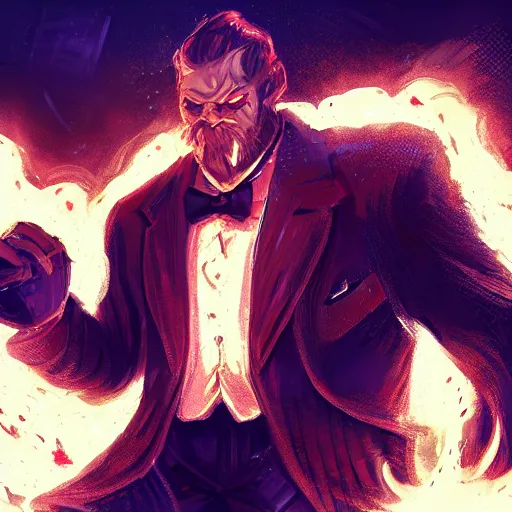 Image similar to fire giant, suit and tie, fire hair, science fiction, d & d, concept art, sharp focus, illustration, character art,