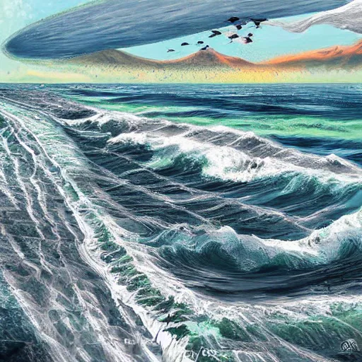 Prompt: birds eye view of a large tsunami hitting a largely populated city from the beach, digital painting, dramatic