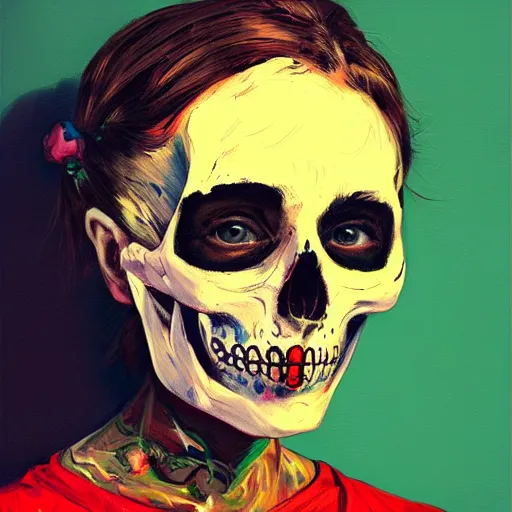 Prompt: a portrait of a girl skull face, anon mask, in the style of banksy, van gogh, atey ghailan and steve mccurry, vibrant colors and hard shadows and strong rim light, lucien freud, comic cover art, trending on artstation