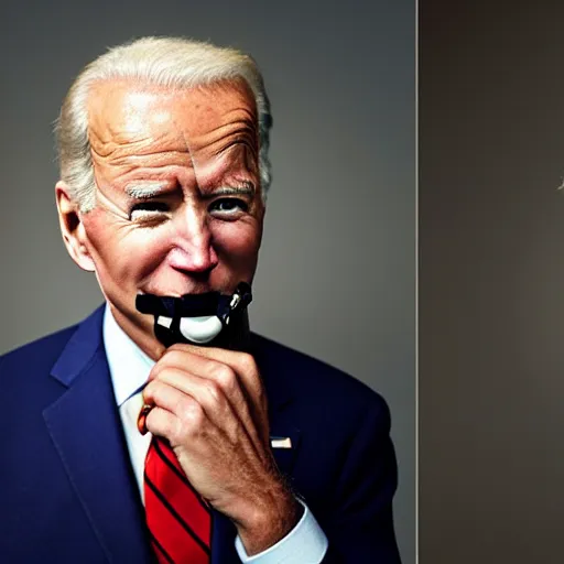 Image similar to uhd candid photo of joe biden wearing a dog muzzle, with accurate face, real dog muzzle, uhd, studio lighting, correct face, photo by annie leibovitz