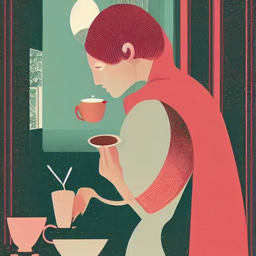 Image similar to illustration a girl drink a coffee, by malika favre and victo ngai