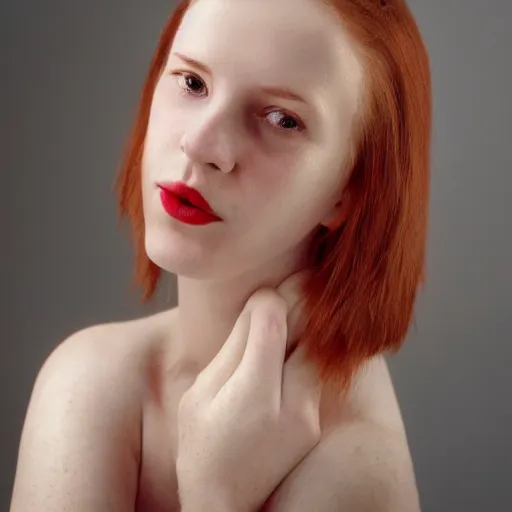 Image similar to face portrait, white woman, 22 years old, thin, center parting straight red hair, snub nose, small lips, studio photography by Annie Leibovitz, f/8