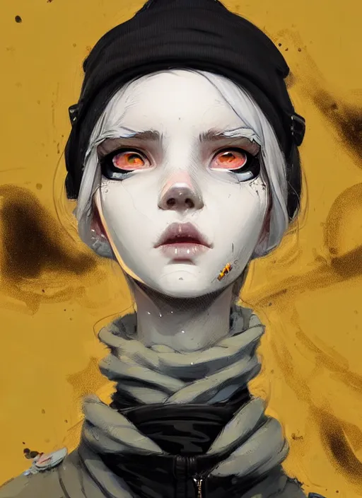 Image similar to highly detailed portrait of a sewer punk lady student, white eyes, burberry hoody, hat, white hair by atey ghailan, by greg rutkowski, by greg, tocchini, by james gilleard, by joe fenton, by kaethe butcher, gradient yellow, black, brown and cyan color scheme, grunge aesthetic!!! ( ( graffiti tag wall background ) )