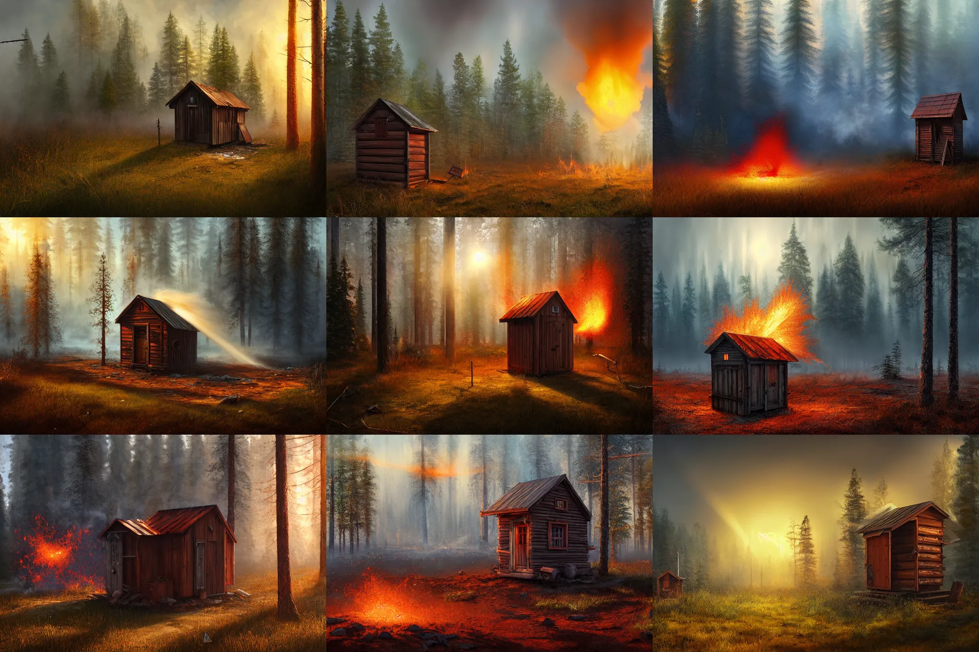 Prompt: a wood outhouse exploding, finnish forest, rust, hyperrealistic, highly detailed, cinematic, single ray of sun, fog, beautiful, cgssociety, artstation, 8 k, oil painting