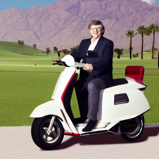 Prompt: bill gates riding a 1 9 8 7 honda elite scooter in palm springs, hd, octane render, 3 d