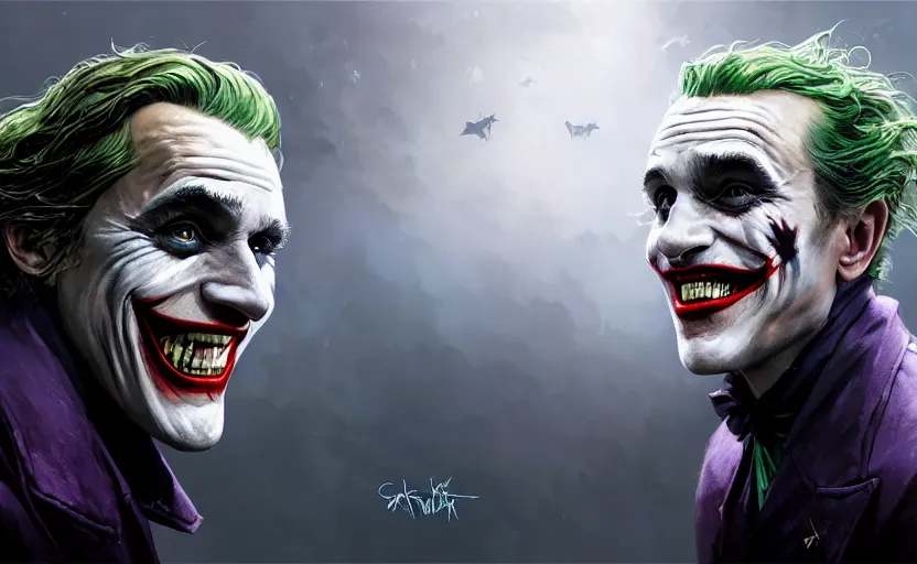 Image similar to highly detailed portrait of christoph waltz as the joker laughing, in batman comic book, stephen bliss, unreal engine, fantasy art by greg rutkowski, loish, rhads, ferdinand knab, makoto shinkai and lois van baarle, ilya kuvshinov, rossdraws, tom bagshaw, global illumination, radiant light, detailed and intricate environment