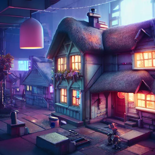 Image similar to high quality 3 d render very cute cyborg cottage! incorporated speakers!, cyberpunk highly detailed, unreal engine cinematic smooth, in the style of blade runner & detective pikachu, hannah yata charlie immer, moody light, low angle, uhd 8 k, sharp focus