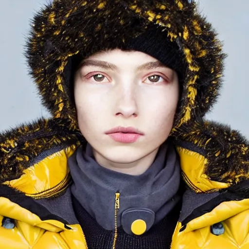 Image similar to realistic photoshooting for a new balenciaga lookbook color film photography close up portrait of a beautiful woman model, model wears a puffer jacket, photo in style of tyler mitchell, wes anderson, ssense