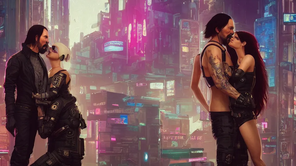 Prompt: a cyberpunk 2077 srcreenshot couple portrait of a Keanu Reeves and a female android final kiss,love,film lighting,by Laurie Greasley,Lawrence Alma-Tadema,Andrei Riabovitchev,Dan Mumford,John Wick,Speed,Replicas,artstation,deviantart,FAN ART,full of color,Digital painting,face enhance,highly detailed,8K,octane,golden ratio,cinematic lighting