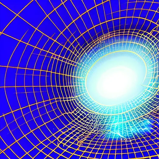 Prompt: a black hole behind a golden wireframe geometric structure, deep blue and dark cyan nebula background, highly detailed artwork