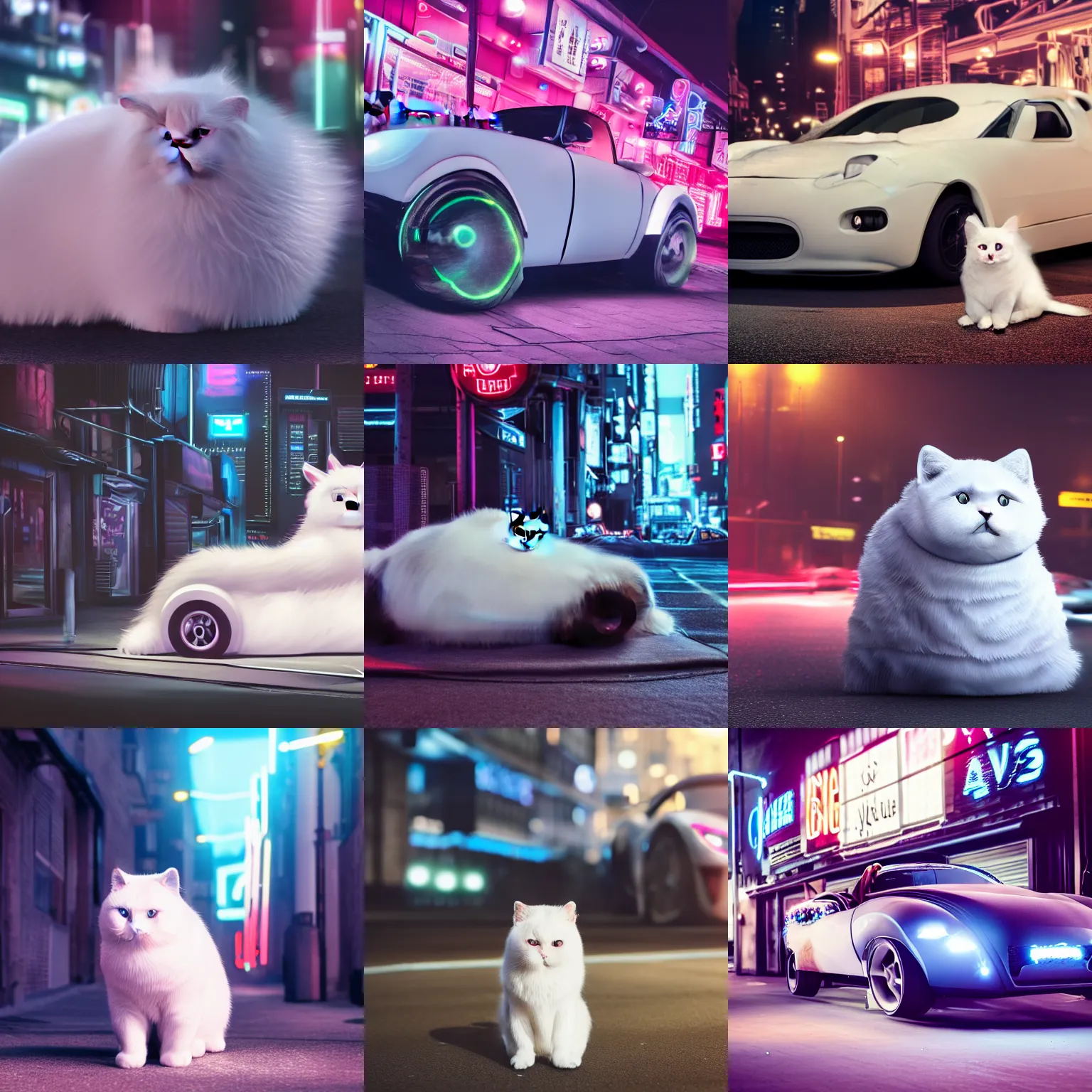 Prompt: a fluffy roadster is covered with white fur and has a head that looks like a British Shorthair cat, parking in the street, Cyberpunk, neon light, 4k, hd, highly detailed