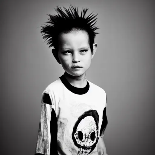 Prompt: the face of punk rock alien at 5 years old wearing balenciaga clothing, black and white portrait by julia cameron, chiaroscuro lighting, shallow depth of field, 8 0 mm, f 1. 8