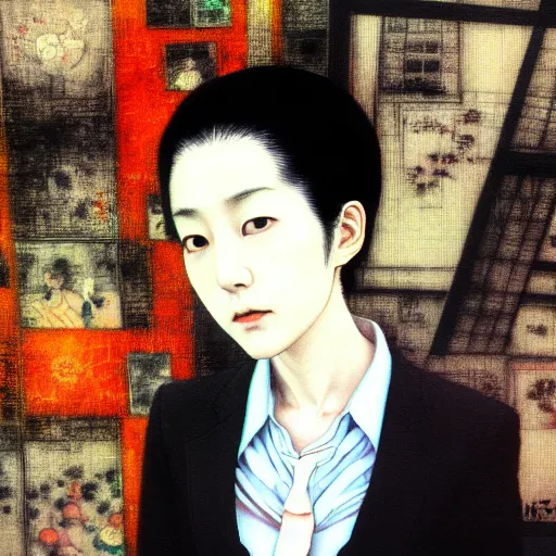 Image similar to yoshitaka amano blurred and dreamy realistic three quarter angle portrait of a young woman with short hair and black eyes wearing office suit with tie, junji ito abstract patterns in the background, satoshi kon anime, noisy film grain effect, highly detailed, renaissance oil painting, weird portrait angle, blurred lost edges