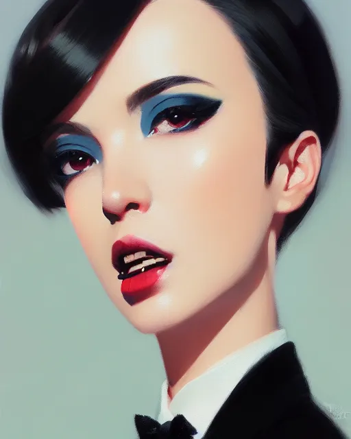 Image similar to a ultradetailed beautiful portrait panting of a stylish woman wearing a black tuxedo, oil painting, by ilya kuvshinov, greg rutkowski and makoto shinkai, trending on artstation