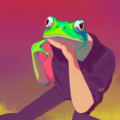 Image similar to portrait of a Dumpy Frog, farm field background, rich vivid colors, ambient lighting, dynamic lighting, 4k, HQ, official media, anime key visual, makoto shinkai, ilya kuvshinov, lois van baarle, rossdraws, detailed, trending on artstation