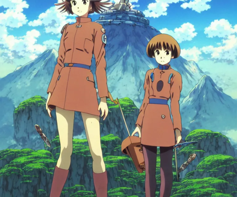 Image similar to anime art full body portrait character nausicaa by hayao miyazaki concept art, anime key visual of elegant young female, short brown hair and large eyes, finely detailed perfect face delicate features directed gaze, valley of the wind and mountains background landscape scenery, trending on pixiv fanbox, studio ghibli, extremely high quality artwork by kushart krenz cute sparkling eyes