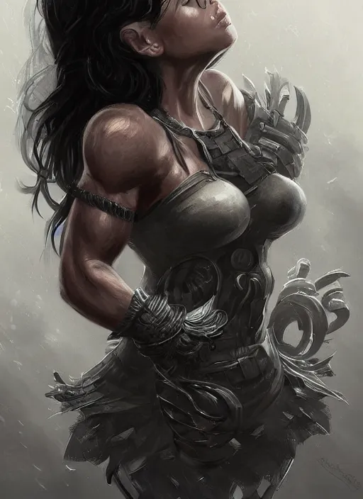 Image similar to a black haired woman in a tank top, muscular upper body, abs, d & d, fantasy, intricate, elegant, highly detailed, digital painting, artstation, concept art, smooth, sharp focus, illustration, art by dayer diego