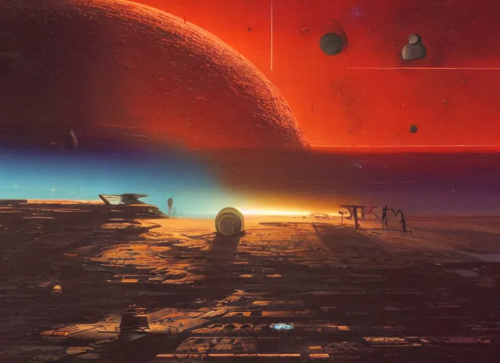 Prompt: a huge vividly - coloured spacecraft in an empty landscape by martin deschambault, dean ellis, peter elson, josan gonzalez, david a hardy, john harris, wadim kashin, angus mckie, bruce pennington, sci - fi art