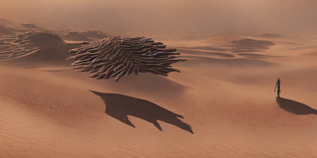 Prompt: dune the movie, ornithopter in the desert surrounded by sand dunes, greg rutkowski, 8 k, shallow depth of field, intricate detail, concept art,