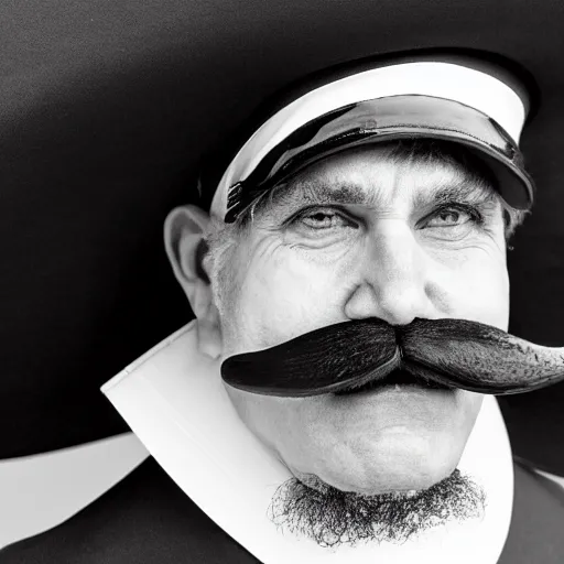 Image similar to man with large swirly black moustache, giant nose, sailors hat, portrait, real life photo