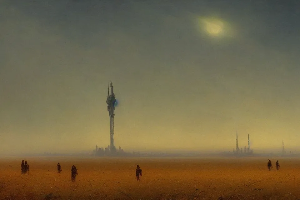 Image similar to sci-fi painting of a large alien city on the vast wheat fields, the closed back view of only one humanoid robot on the ground, by Ivan Aivazovsky, godrays, detailed