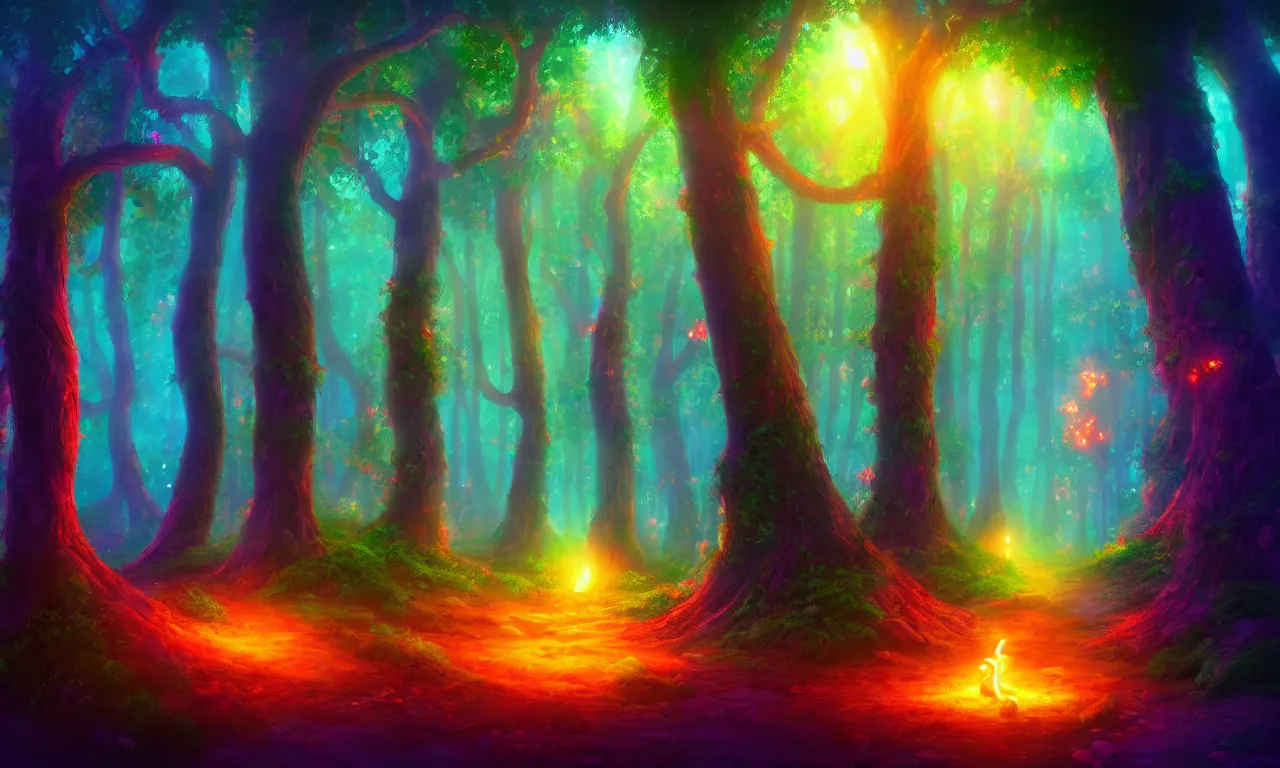 Image similar to enchanted magical forest on magical colorful fire , digital painting , digital art , artstation , devian art , 4k , HD