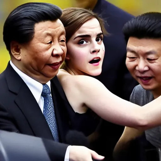 Prompt: angry emma watson putting xi jinping in a headlock as security agents close in, ap news