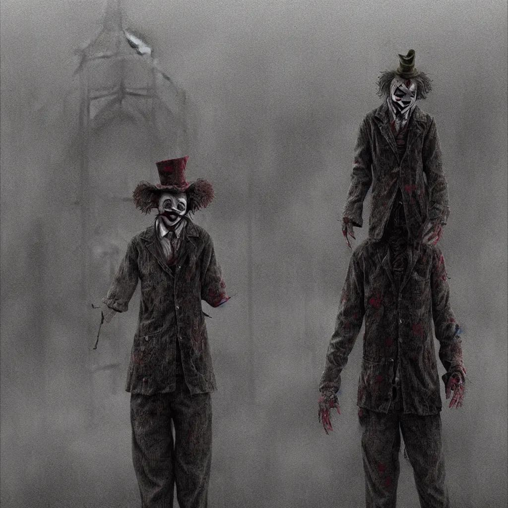 Image similar to James Sunderland from Silent Hill 2 dressed as a clown standing in a foggy street, intricate, elegant, sharp focus, illustration, highly detailed, digital painting, concept art, matte, art by Masahiro Ito