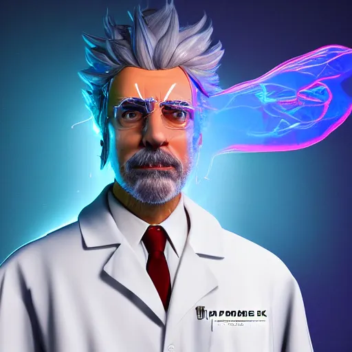 Image similar to portrait art of rick sanchez, lab coat, unibrow, 8 k, lens flare, atmosphere, glow, detailed, intricate, full of colour, cinematic lighting, trending on artstation, 4 k, hyperrealistic, focused, extreme details, unreal engine 5, cinematic, masterpiece