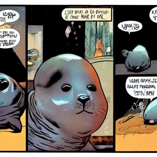 Prompt: baby seal crying next to a broken pearl necklace, wide angle, comic book by frank miller