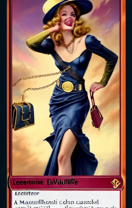 Image similar to a beautiful lady on a magic the gathering card by magali villeneuve and gil elvgren, crisp details, hyperrealism, smiling, happy, feminine facial features, stylish navy blue heels, gold chain belt, cream colored blouse, maroon hat, windblown, holding a leather purse, mtg card, mtg