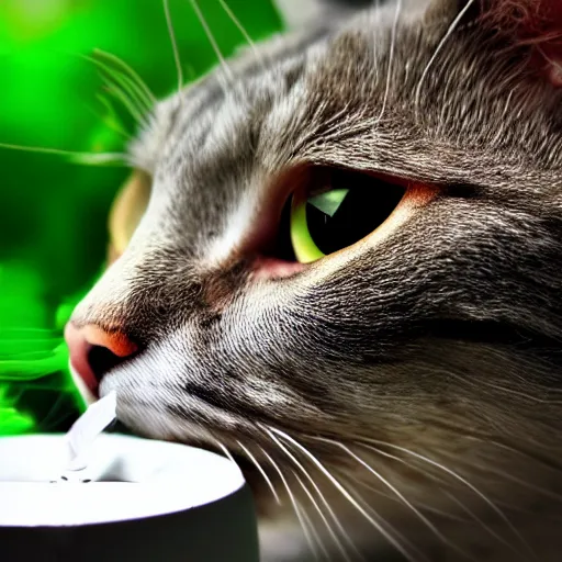 Image similar to cat smoking cigarettes printed ad fish eye lens, HD, 8K