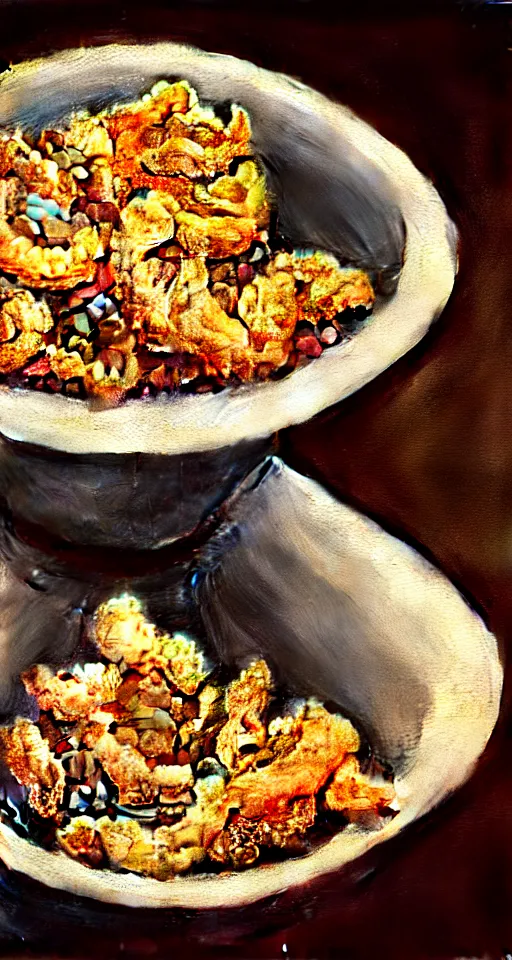 Image similar to eye level landscape Professional arrangement of breadcrumbs in a bowl on a table, surrounded by pork rinds, hyper realistic, ultra detailed, cinematic, dynamic lighting, photorealistic, refined, intricate, digital art, digital painting, masterpiece, 8k