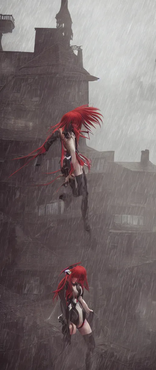 Prompt: Asuka Langley on the roof of a gothic house, Dishonored aesthetic, cinematic lighting, rainy weather, melancholy atmosphere, artstation, Dunwall city, gothic architecture, volumetric light, octane render, Dishonored game, Dishonored 1, depression and despair