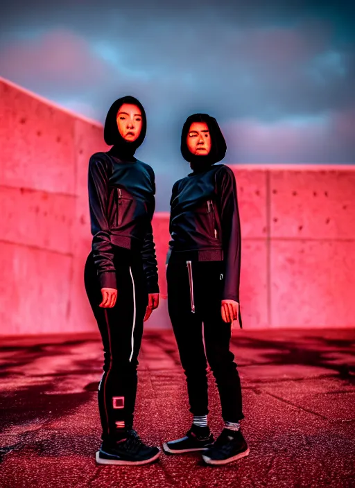 Image similar to cinestill 5 0 d photograph of 2 women wearing black techwear in front of a brutalist sharp - edged metal building, closeup, on a desolate plain with a red sky, dystopia, cyberpunk, 4 k, 8 k, hd, full color