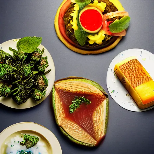 Image similar to futuristic food, magazine shot, food photography, highly detailed