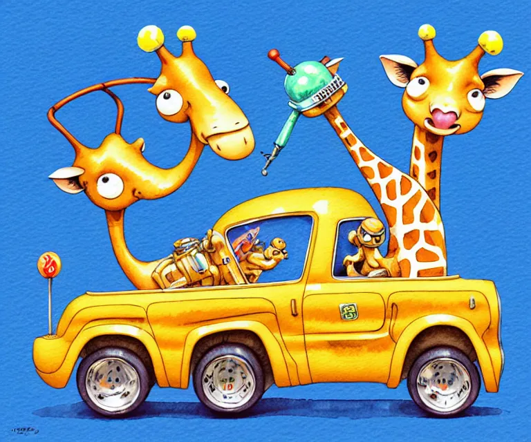 Image similar to cute and funny, giraffe wearing a helmet riding in a tiny hot rod with oversized engine, ratfink style by ed roth, centered award winning watercolor pen illustration, isometric illustration by chihiro iwasaki, edited by range murata, tiny details by artgerm and watercolor girl, symmetrically isometrically centered