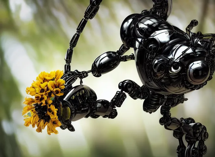 Image similar to super macro of an robotic mechanical cyborg bee drinking from a flower in the forest. fantasy magic style. highly detailed 8 k. intricate. nikon d 8 5 0 3 0 0 mm. award winning photography.