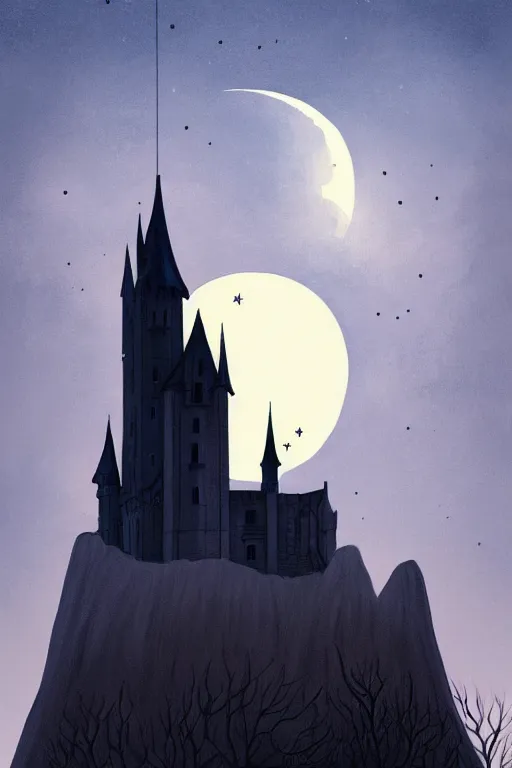 Image similar to a poster style painting of at night, a gothic castle on a cliff with a starry moon 🌙 in the background ， by abigail larson, 8 k, hd, artstation