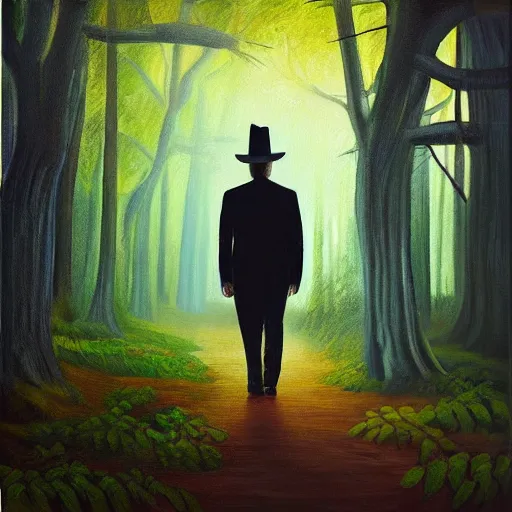 Image similar to “Oil painting of a mysterious man in a pointy hat walking through a detailed forest, ethereal lighting, 4k”