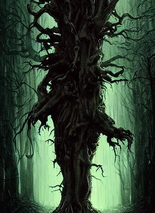 Image similar to highly detailed horror movie poster with angry creepy keanu reeves as a tree, keanu reeves faces in the bark of many trees sentient leafy catastrophe by greg rutkowski, masterpiece, really funny, 1 0 / 1 0 creepy