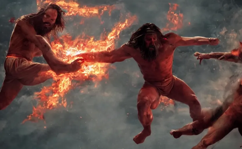 Prompt: hyperrealistic photo of Jesus Christ pummeling red-skinned Satan devil demon in the face on the floor, 8k cinematic, epic fight scene, directed by Michael Bay