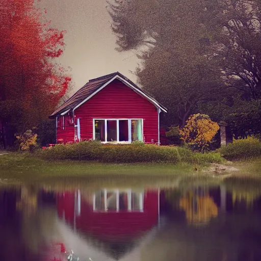 Prompt: small red wooden cottage by the lake, lanterns on the porch, smoke coming out of the chimney, dusk, birch trees, tranquility, two swans swimming on the lake, a wooden rowing boat, cumulus clouds, by charlie bowater