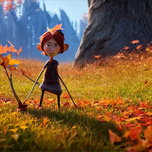 Image similar to a stopmotion animation character, a beautiful canadian woman, pulling weeds out frantically, some grey hair, stripey pants, canadian maple leaves, mountains, autumn, octane render, 8 k, kubo and the two strings, jan svankmayer, disney, pixar,