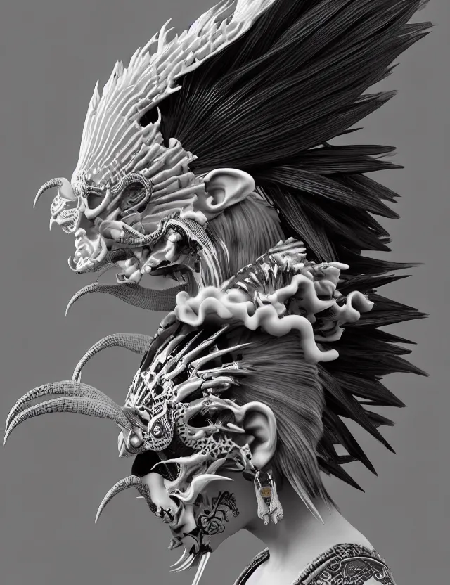 Image similar to 3 d goddess close - up profile simple portrait punk with mohawk with goat skull. beautiful intricately detailed japanese crow kitsune mask and clasical japanese kimono. betta fish, jellyfish phoenix, bio luminescent, plasma, ice, water, wind, creature, artwork by tooth wu and wlop and beeple and greg rutkowski