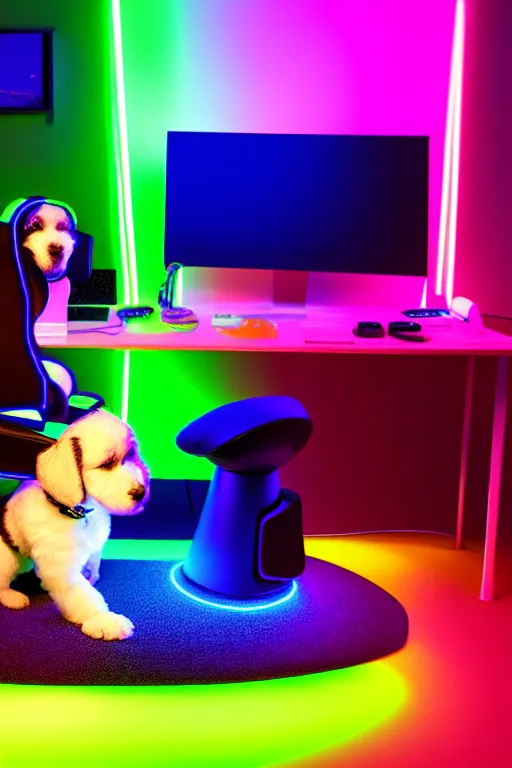 Image similar to young gamer sitting in gaming chair + neon rgb light strips, large computer monitor, galaxy themed room, cute bernedoodle puppy sitting at his feet, 4 k, award winning, octane render, volumetric lighting