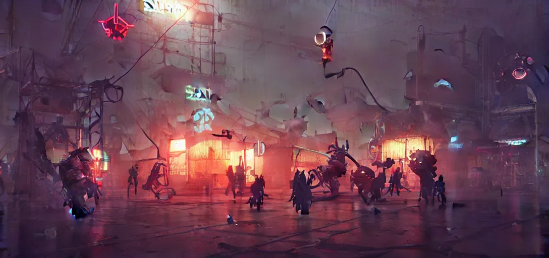 Prompt: close - up of old cyborgs exploring small town cyperpunk amusement, mcdonalds sign, big top circus tent, highly detailed, nightmare, japan, digital painting, concept art, matte, art by ruan jia and wlop and greg rutkowski and makoto shinkai, masterpiece