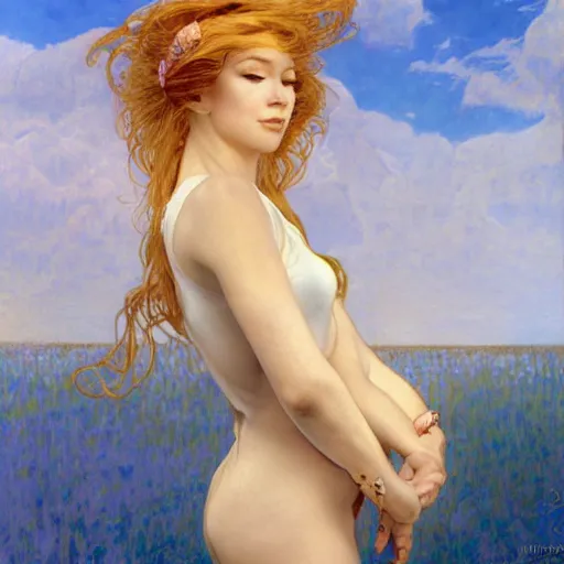 Prompt: A young woman with blonde long hair and bangs in shorts and white shirt drawn by Donato Giancola and Robert McGinnis and Julie Bell and frank frazetta and alphonse mucha, background by James Jean and gustav klimt, 4k, sunny day, volumetric lighting, french nouveau, trending on artstation, octane render, hyperrealistic