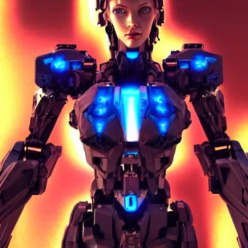 Image similar to a mecha version woman, glowing irises, very symmetrical face, highly detailed, widow maker, by vitaly bulgarov, by yoji shinkawa, by joss nizzi, by ben procter, by steve jung, metal gear solid, transformers cinematic universe, pinterest, artstation, unreal engine