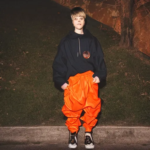 Image similar to the 2 0 2 2 award winning photo of justin bieber wearing a trash bag, cinematic, atmospheric, vivid, colorful, orange & teal, susan worsham photograph